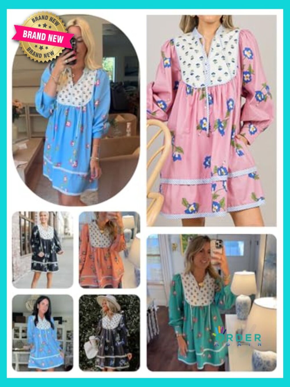 Floral Boho Babydoll Mini Dress V Neck Flowy Short Shift Long Sleeve Patchwork - Picture 6 of 7